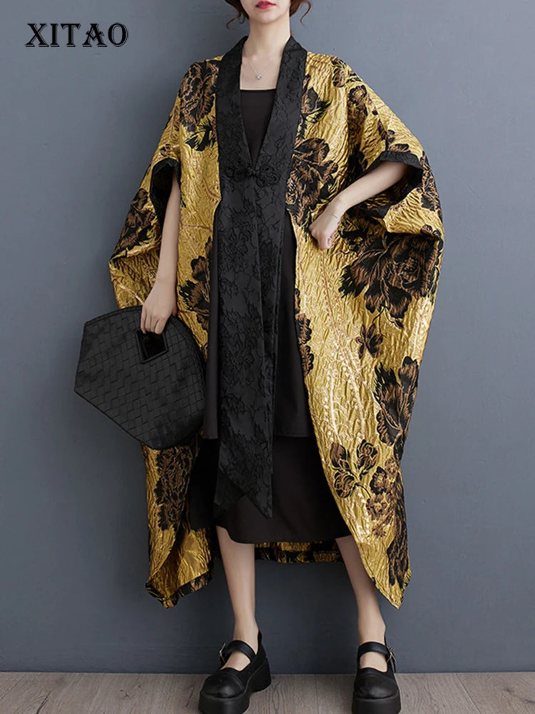 XITAO Bat Wing Sleeve Female Trench Flowers New Chinese Style Women Yellow Patchwork Vintage Loose Winter Coat DMJ3790