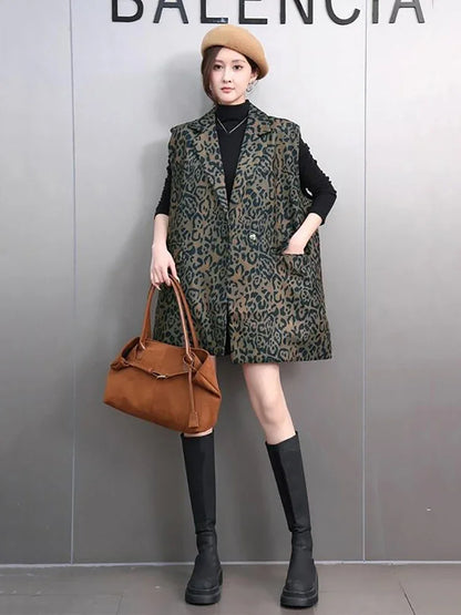 XITAO Leopard Print Sleeveless Pocket Lapel Coat Hong Kong Vintage Suit Collar Casual Loose Fitting Autumn Women Vest GMM1213