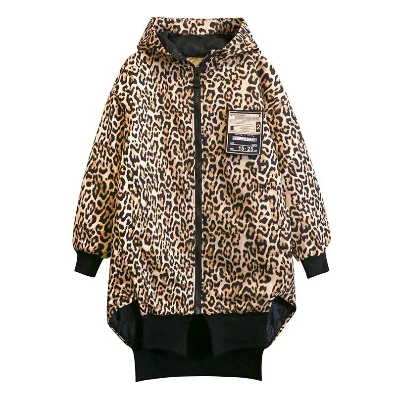 XITAO Loose Hooded Leopard Print Parkas Female Zipper Vintage Europe Full Sleeve Irregular Casual All Match Parka Winter ZYY1096