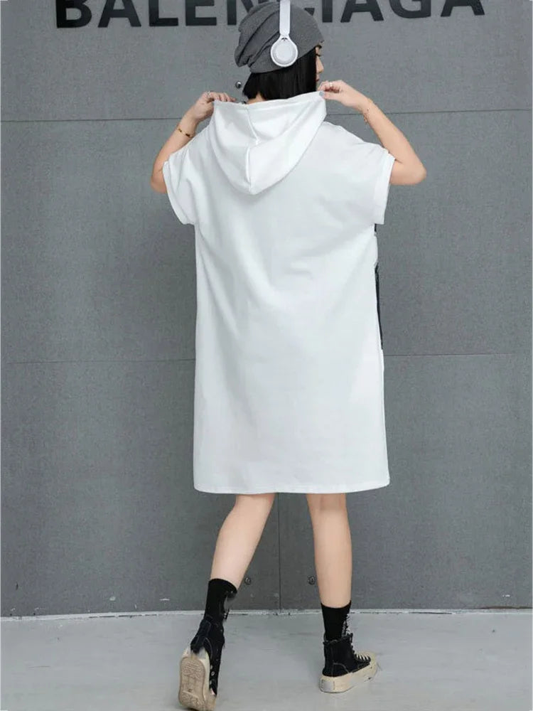 XITAO Hooded Print Flower Half Sleeve Dress Casual Loose Fitting A-line Knee-length Pullover Simple Summer Women Dress GMM1324