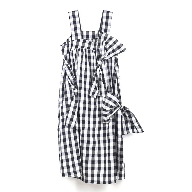 XITAO Strapless Dress Fashion Bow Small Fresh Pullover Goddess Fan Plaid Goddess Fan Casual Style Summer Loose Dress WLD7014