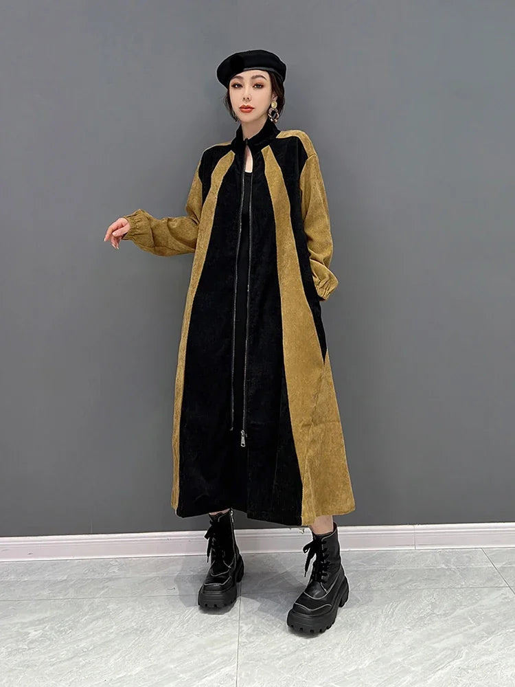 XITAO Contrast Color Casual Women Trench Loose Fashion Zipper Stand Collar Long Sleeve Spring All-match New Coat WLD13312