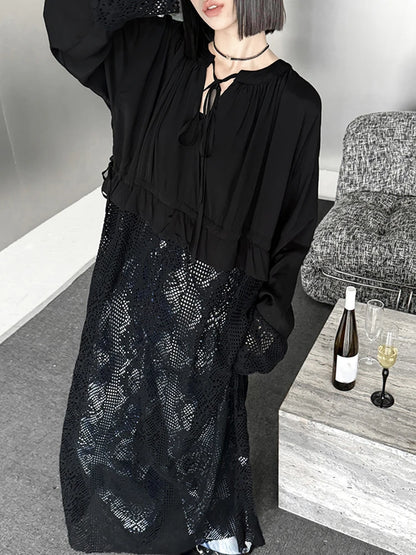 XITAO Black Lace Patchwork Long Dress Solid Color V-neck Full Sleeve Pullover Temperament Elegant Fashion Women New Dress LYD1806