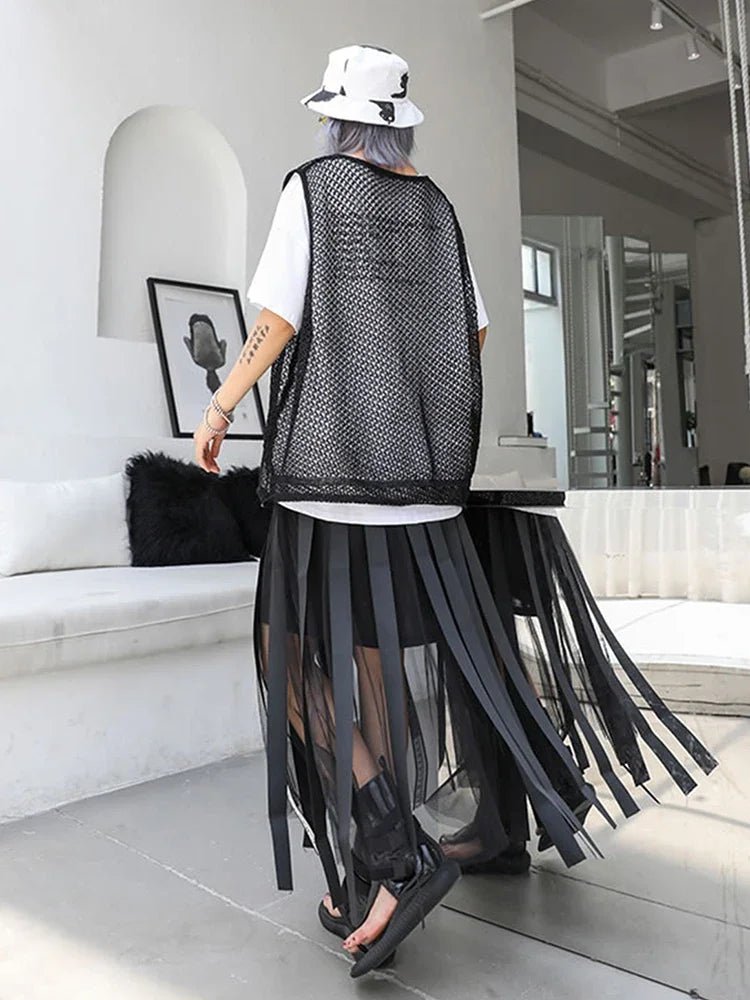 XITAO Mesh Hollow Out Print Letter Long Skirt Women Tape Elastic Waist Black Casual A-line Summer 2019 New Korea WLD1084