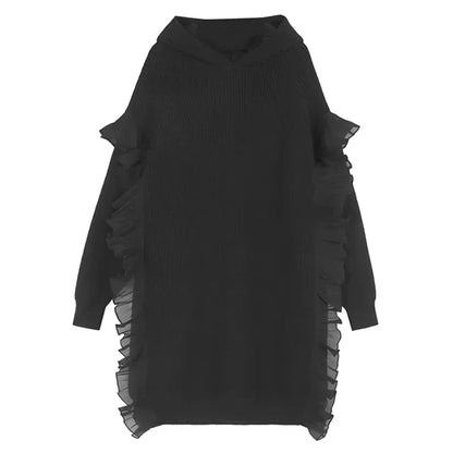 XITAO Ruffles Batwing Sleeve V-neck Dress Fashion Casual Solid Color Straight Knitting Mid-calf Loose Autumn Women Dress GMM1294