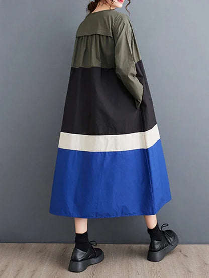 XITAO Casual Dress Simplicity Contrast Color Splicing Loose Long Sleeve Pullover O-neck Women Dress Initial Spring New ZZ0010