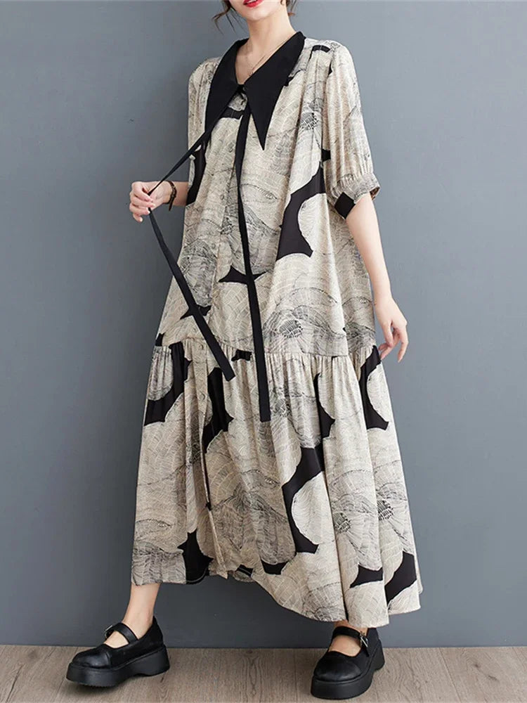 XITAO Drawstring Dress Goddess Fan Casual Style Loose Elegant Goddess Fan Print Pattern 2023 Summer Loose Dress WLD11539