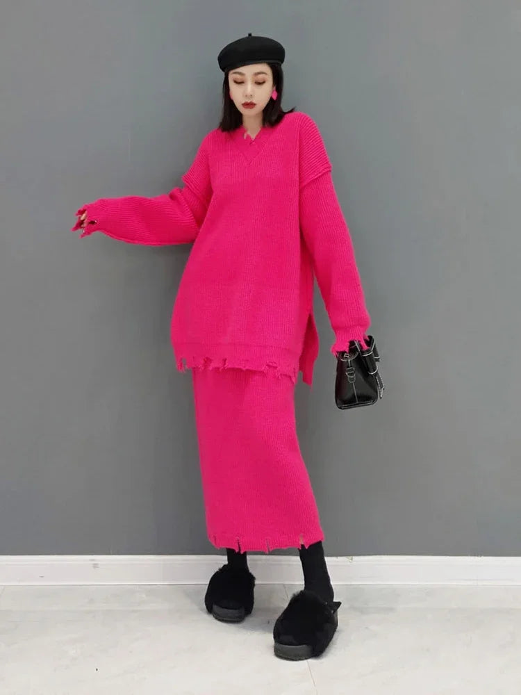 XITAO Fashion Destroy Knitting Dress Sets Solid Color V-neck Pullover Sweater Skirt Two Piece Set 2024 Spring Autumn GWJ2600