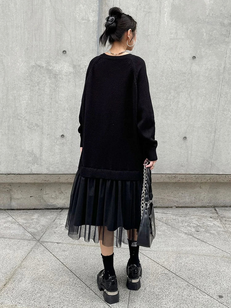 XITAO Mesh Patchwork Women Dress Solid Color Loose Trend Knitted O-neck Full Sleeve Pullover Mid-calf Fold Fashion Dress ZYY1006