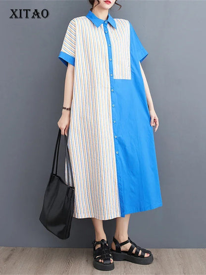 XITAO Striped Dress Fashion Women Goddess Fan Single Breasted Goddess Fan Casual Style Loose Summer Elegant Dress WLD11528