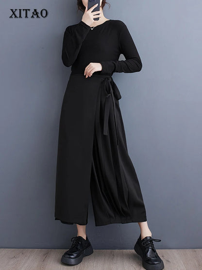 XITAO Casual Pleated Wide Leg Pants Black Asymmetrical Patchwork Lace-up Women Loose Ankle-length Pants Summer New WLD20198