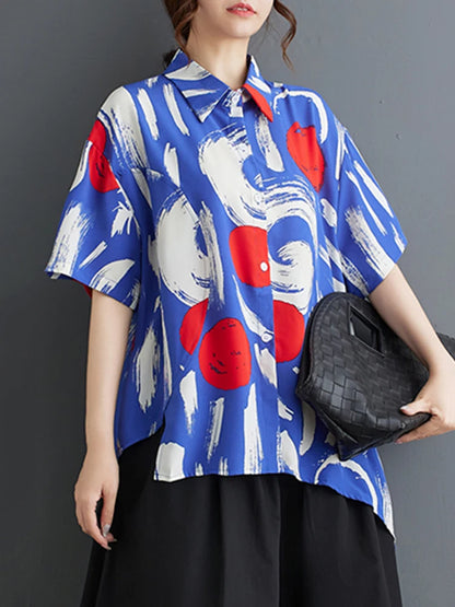 XITAO Asymmetrical Women Casual Shirt Contrast Color Fashion Print Turn-down Collar Short Sleeve Top Summer New WLD20201