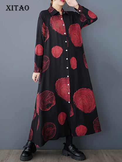 XITAO Print Flower Single Breasted Buckle Contrast Color Dress Fashion A-line Casual Full Sleeve Turn-down Collar Dress GMM1182