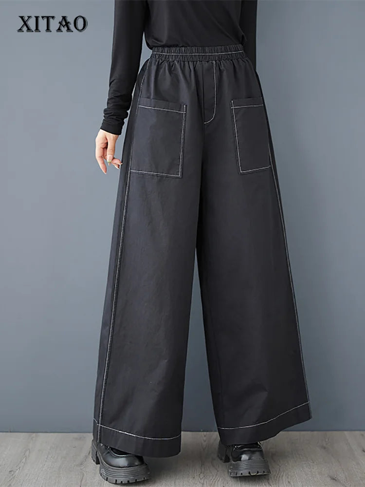 XITAO Casual Loose Fitting Ankle-length Solid Color Pant Elastic Waist Slimming New Wide Leg Autumn Women Trouser GMM1075