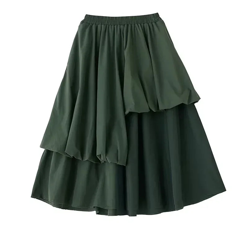 XITAO A-line Casual Mid-calf Elastic Waist Skirt Sweet Cool Mesh Irregular Slimming Dark Patchwork Autumn Women Skirt GMM1071