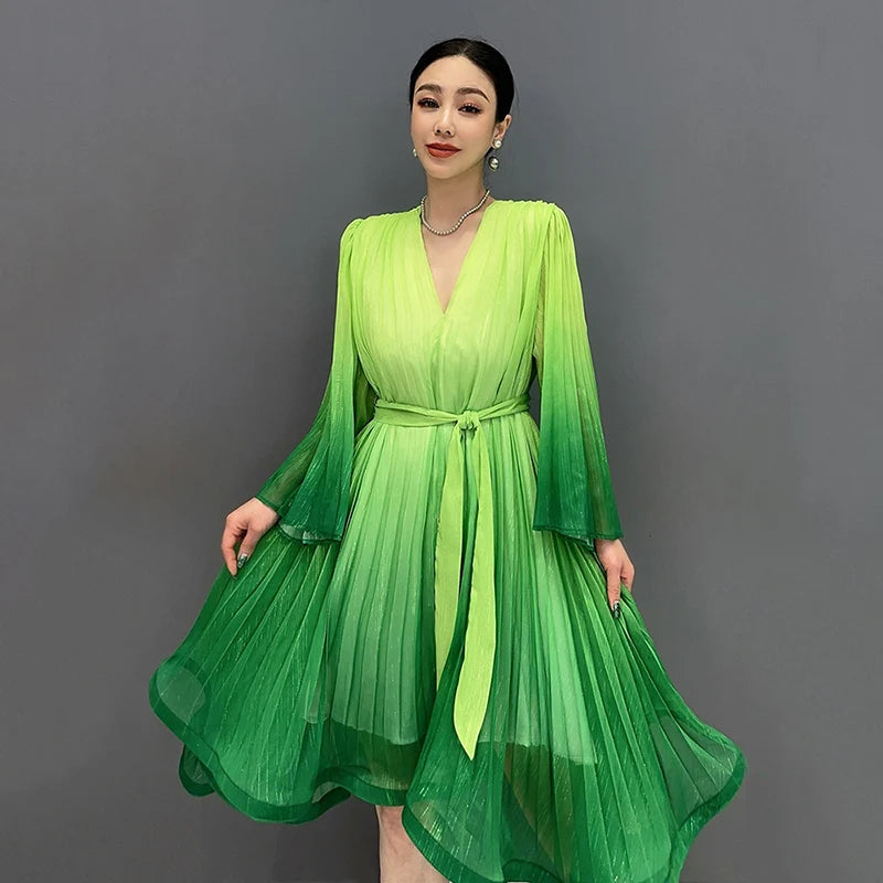 XITAO Gradient Gauze Female Dress Deep V-neck Flare Sleeve Folds Bandage Knee-length Dress 2024 New Temperament Women WLD20251