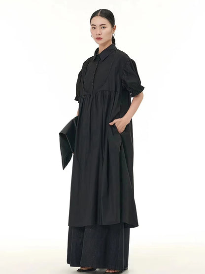 XITAO Solid Pleated Dress Women Korea Summer New Personality Fashion Loose Turn-down Collar Short Sleeve Dress WLD7387