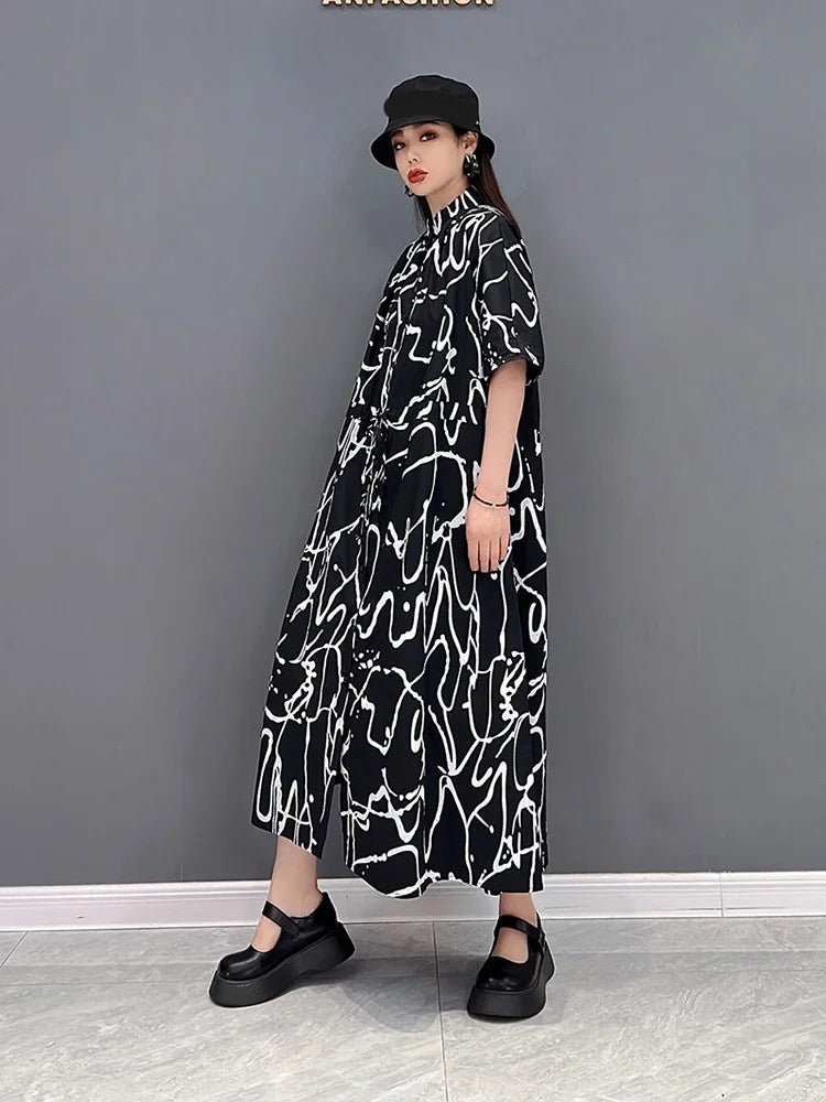 XITAO Fashion Print Shirt Dress Loose Casual Short Sleeve Turn-down Collar Bandage Dress Simplicity Temperament New WLD6893