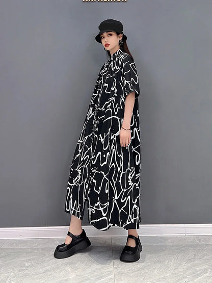 XITAO Fashion Print Shirt Dress Loose Casual Short Sleeve Turn-down Collar Bandage Dress Simplicity Temperament New WLD6893