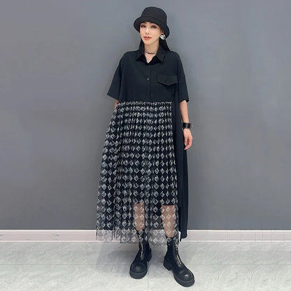 XITAO Asymmetrical Gauze Patchwork Black Shirt Dress Loose Fashion Short Sleeve Single Breasted Dress Summer New ZY8789