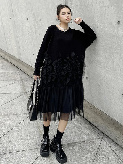 XITAO Mesh Patchwork Women Dress Solid Color Loose Trend Knitted O-neck Full Sleeve Pullover Mid-calf Fold Fashion Dress ZYY1006