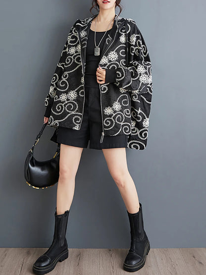 XITAO Embroidery Zipper Hooded Trench Long Sleeve Loose Slimming Fashion All Match Temperament Casual Coat Autumn New LJ1045