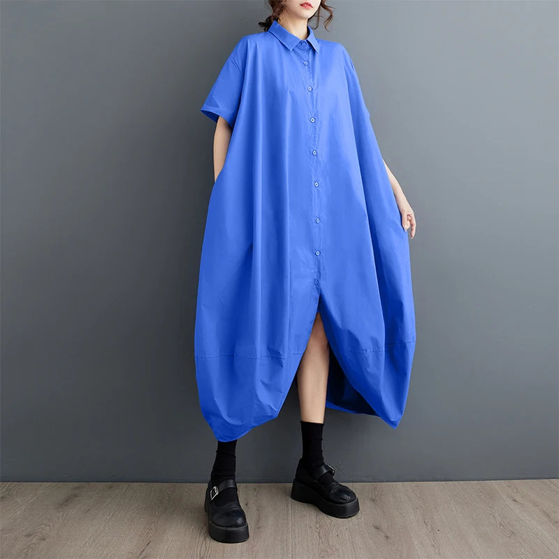 XITAO Casual Irregular Shirt Dress Solid Color Simplicity Loose Short Sleeve Turn-down Collar Women Summer New Dress WLD20203