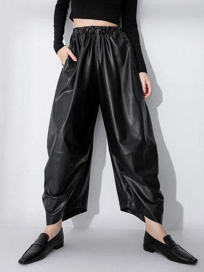 XITAO Pu Wide Leg Pants Black Casual Women Ankle Length Pants Autumn Winter Loose Fashion Solid Color All-match New ZZ0104