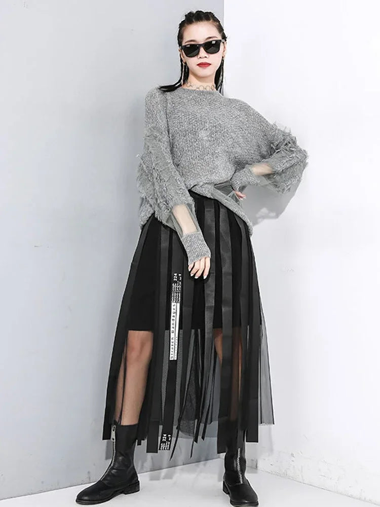 XITAO Spring 2020 New Mesh Splicing Skirts Womens Elastic Waist Tide Brand Webbing Irregular Skirt Streetwear Fashion WLD1084