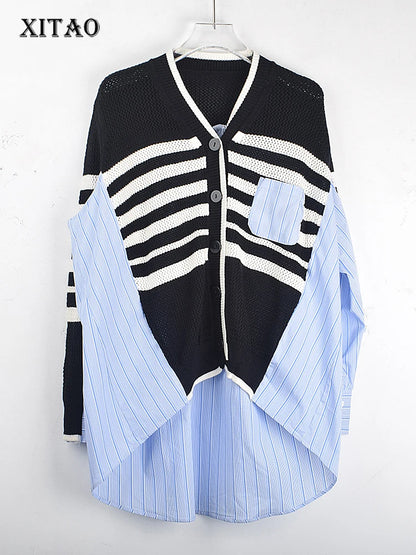 XITAO Knitting Patchwork Sweater Cardigan Fashion Casual Loose Contrast Color Striped Women 2024 Spring Winter All-match LDD2230