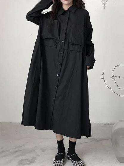 XITAO Black Dress Fashion New Women Single Breast  Pocket Full Sleeve Goddess Fan Casual Minority Loose Dress WMD2558