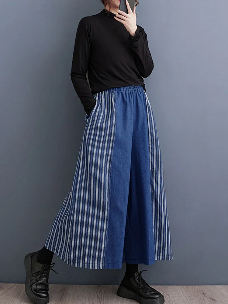 XITAO Casual Striped Wide Leg Pants Patchwork Fashion All Match Spring Loose Women New Ankle Length Pants DMJ2741