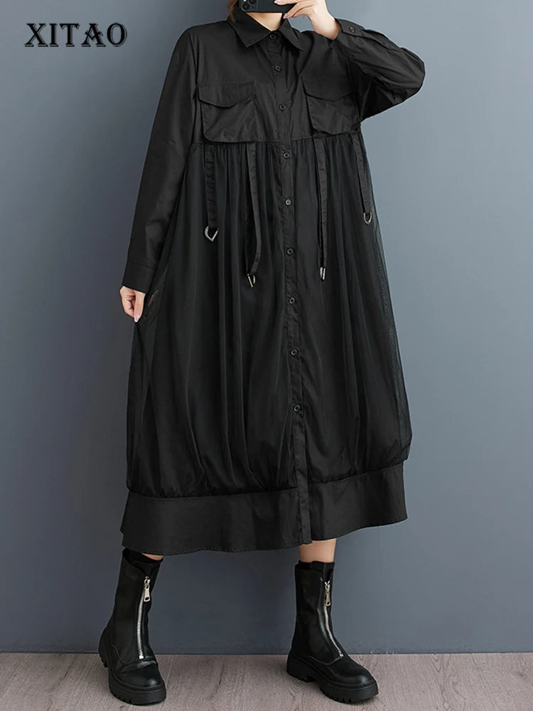 XITAO Casual Solid Color A-line Mid-calf Full Sleeve Dress New Patchwork Mesh Gauze Loose Sweet Autumn Women Dress GMM1033