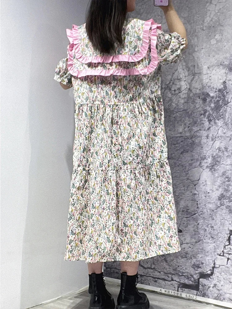 XITAO Floral Print Dress Fashion French Loose Naval Leader Dress Contrast Collar Edible Tree Fungus Splicing Women LDD1435