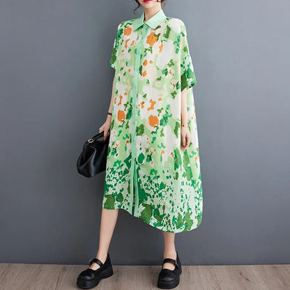 XITAO Fashion Casual Print Dress Loose Fashion Turn-down Collar Women Shirt Dress Summer New Temperament Shirt Dress WLD16704