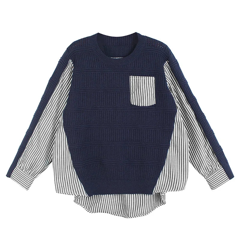 XITAO Striped Irregular Knitted Sweater Fashion Irregular Small Fresh Full Sleeve Spring Minority Loose Pocket ZY7892