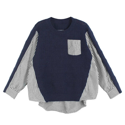 XITAO Striped Irregular Knitted Sweater Fashion Irregular Small Fresh Full Sleeve Spring Minority Loose Pocket ZY7892