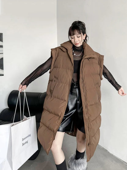 XITAO Zipper Pocket Sleeveless Patchwork Vests Turn-down Collar Loose Mid-calf Long Coat 2024 Autumn New Fashion GYX1038