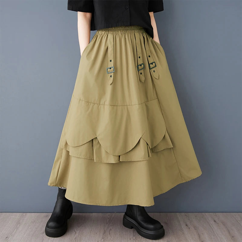 XITAO Sequined Button Pocket Asymmetrical Skirt Patchwork Elastic Waist Loose All Match Solid Color Mid-calf Skirt GMM1283