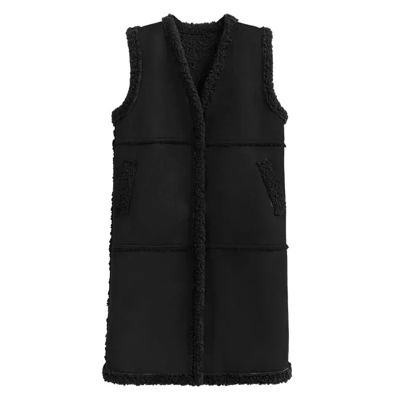 XITAO V-neck Patchwork Pocket Single Breasted Vests Solid Color Loose Casual Fashion Sleeveless Coat Winter All Match DMJ3474