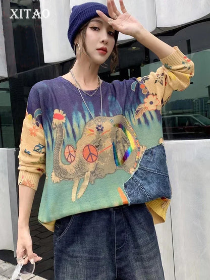 XITAO Patchwork Print Female Sweater Personality Contrast Color Pullovers Top Spring New 2024 Women Street Trend Sweater ZY8630