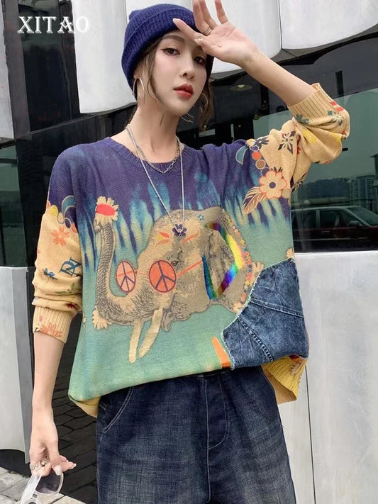 XITAO Patchwork Print Female Sweater Personality Contrast Color Pullovers Top Spring New 2024 Women Street Trend Sweater ZY8630