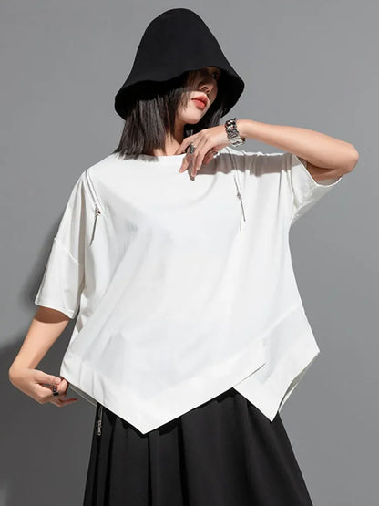 XITAO Asymmetrical Patchwork Zipper T-shirts Loose Show Thin Summer New Casual Fashion Temperament All Match Top DMJ1179