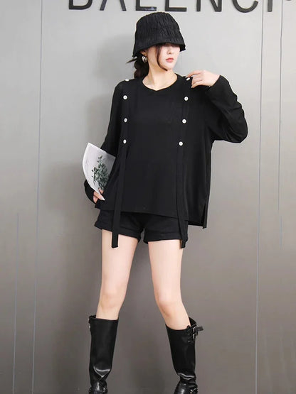 XITAO Straps Button O-neck Solid Color T-Shirt Casual Loose Fitting Full Sleeve Fashion Simple Autumn Female T-Shirt GMM1257