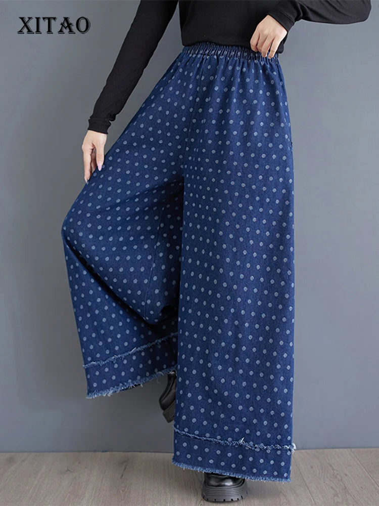 XITAO Casual Loose Vintage Dot Full Length Wide Leg Pants Elastic Waist Slim Fashion Denim New Arrival Autumn Women Jean ZYY1074