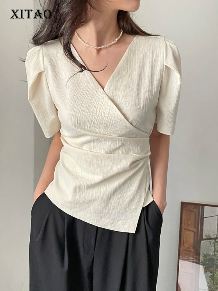 XITAO Temperament Irregular V-neck Shirt Pleated Short Sleeve Solid Color Summer Women New All-match Shirt Top DMJ2052