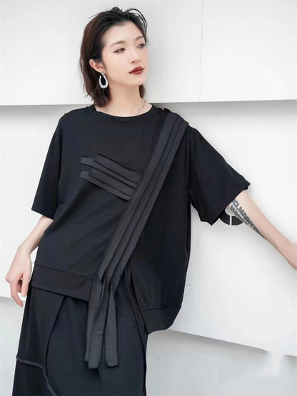 XITAO Asymmetrical Patchwork T-shirts Solid Color Short Sleeve O-neck Pullover Loose Casual Tops 2024 Summer Slimming GJ1031