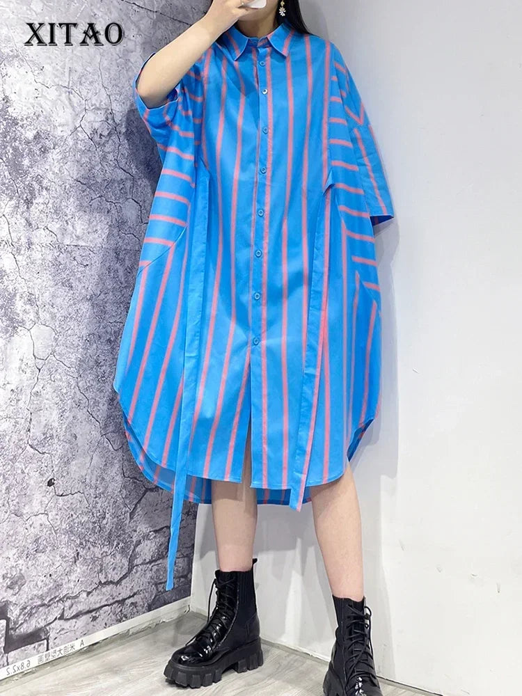 XITAO Contrast Color Striped Shirt Dress Fashion Bandage Splicing Loose Three Quarter Sleeve Casual New Trendy Dress WMD5205