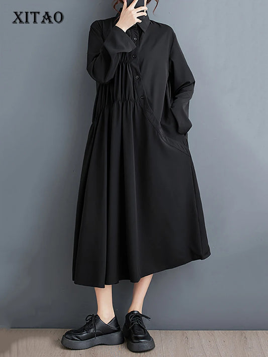 XITAO Irregular Design Pleated Dress Slimming Fashion Solid Color Female New Full Sleeve Casual Loose A-line Dress DMJ4071