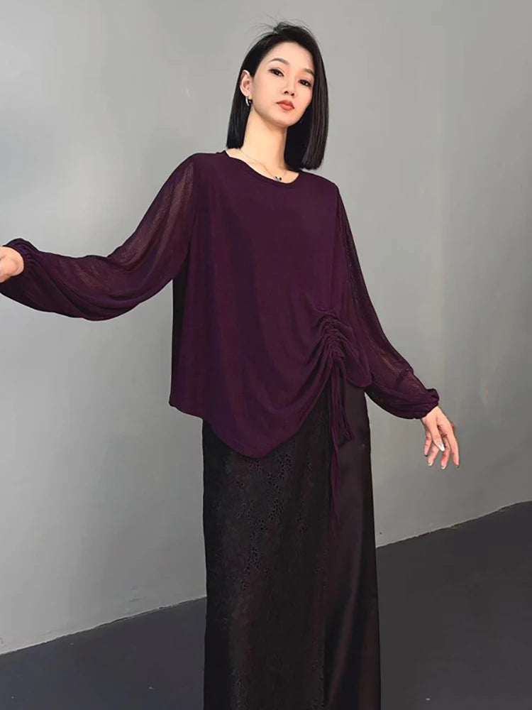 XITAO Shirring Gauze Asymmetrical T-shirts Solid Color Split Patchwork Pullover Long Sleeve Tops 2024 Autumn All Match HQQ2408